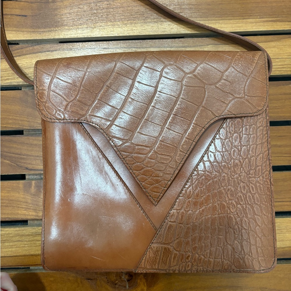 vintage brown genuine leather crocodile pattern bag